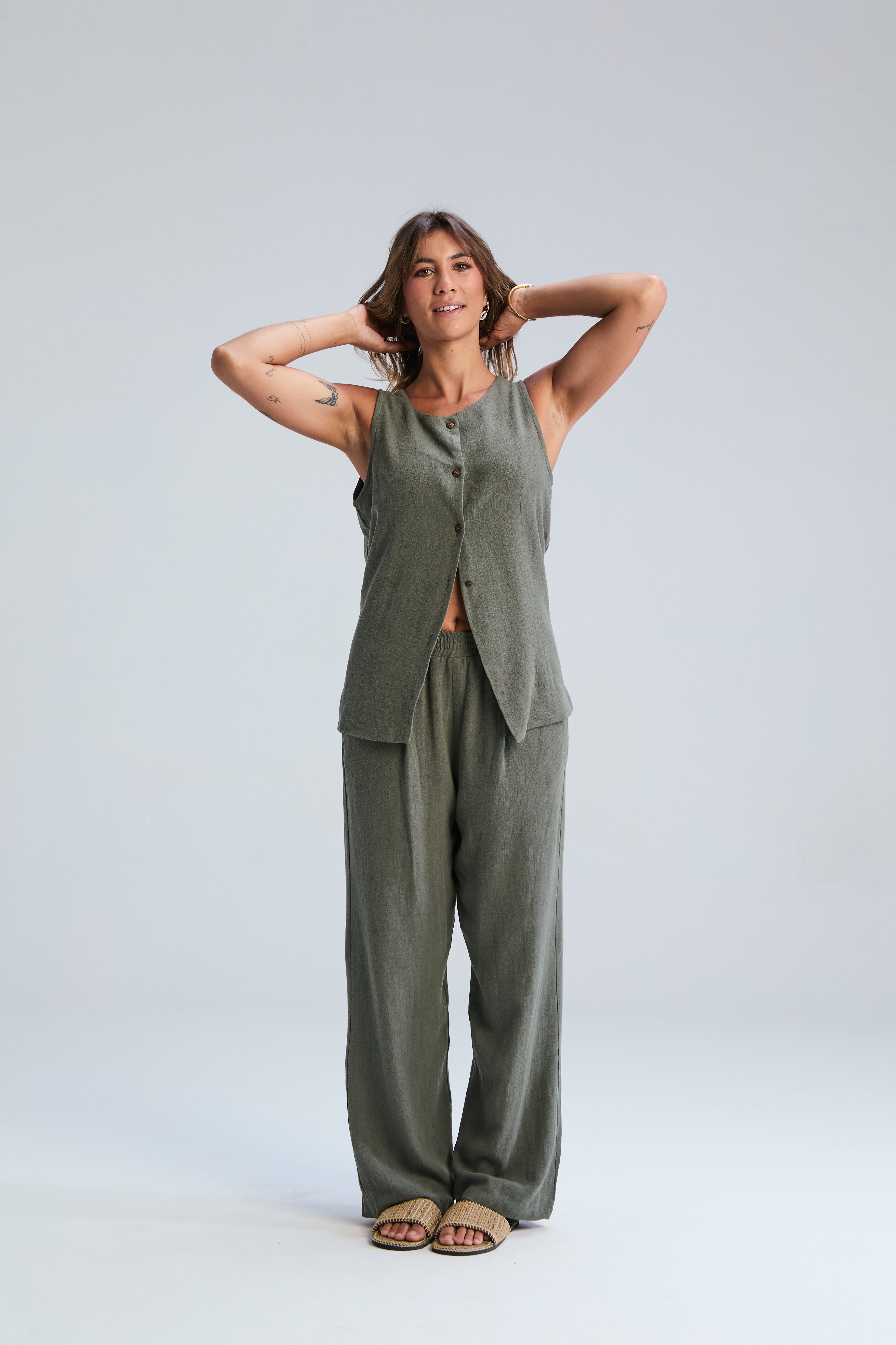 Corfu Linen Waistcoat - Moss
