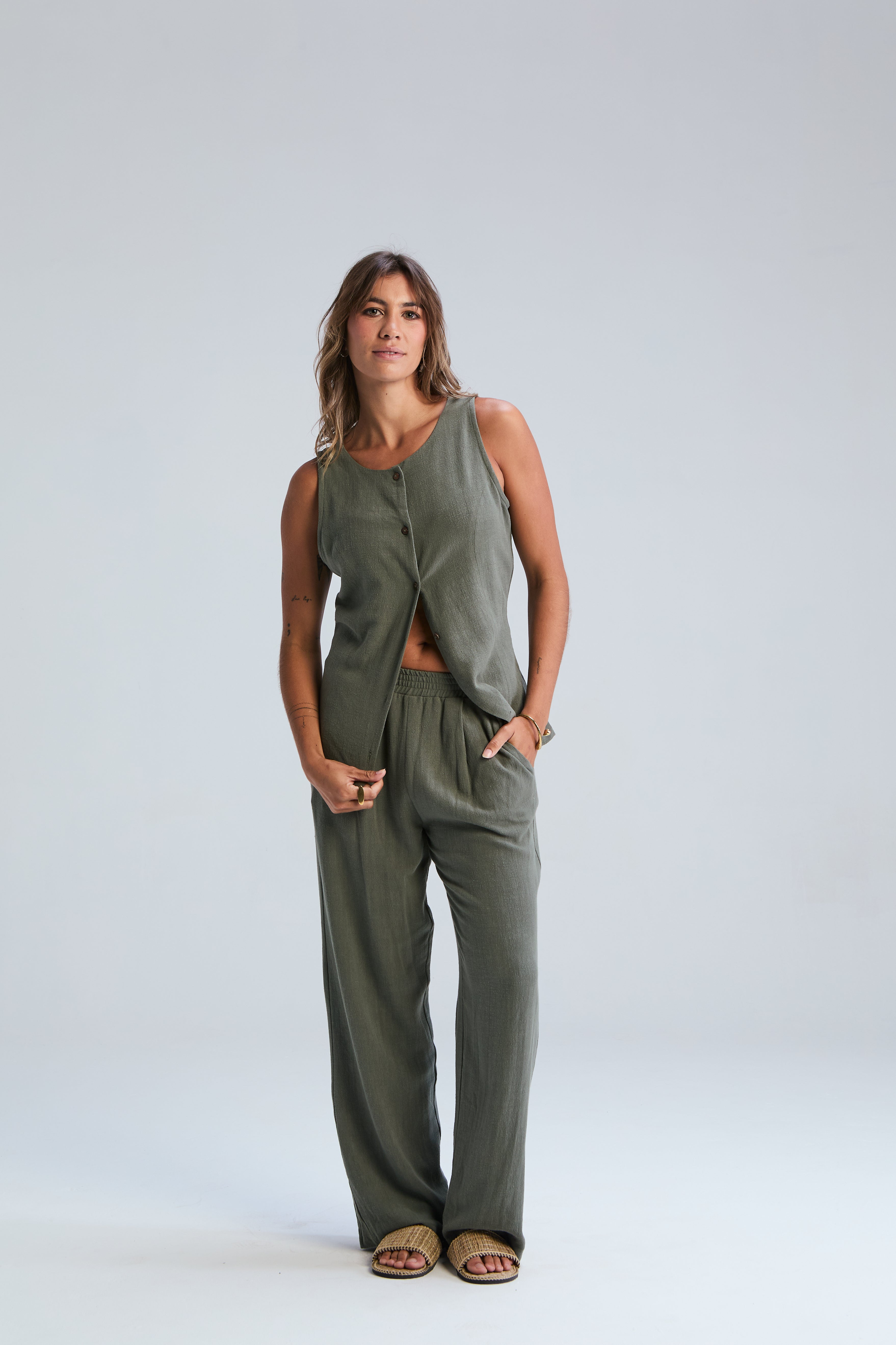 Corfu Linen Waistcoat - Moss