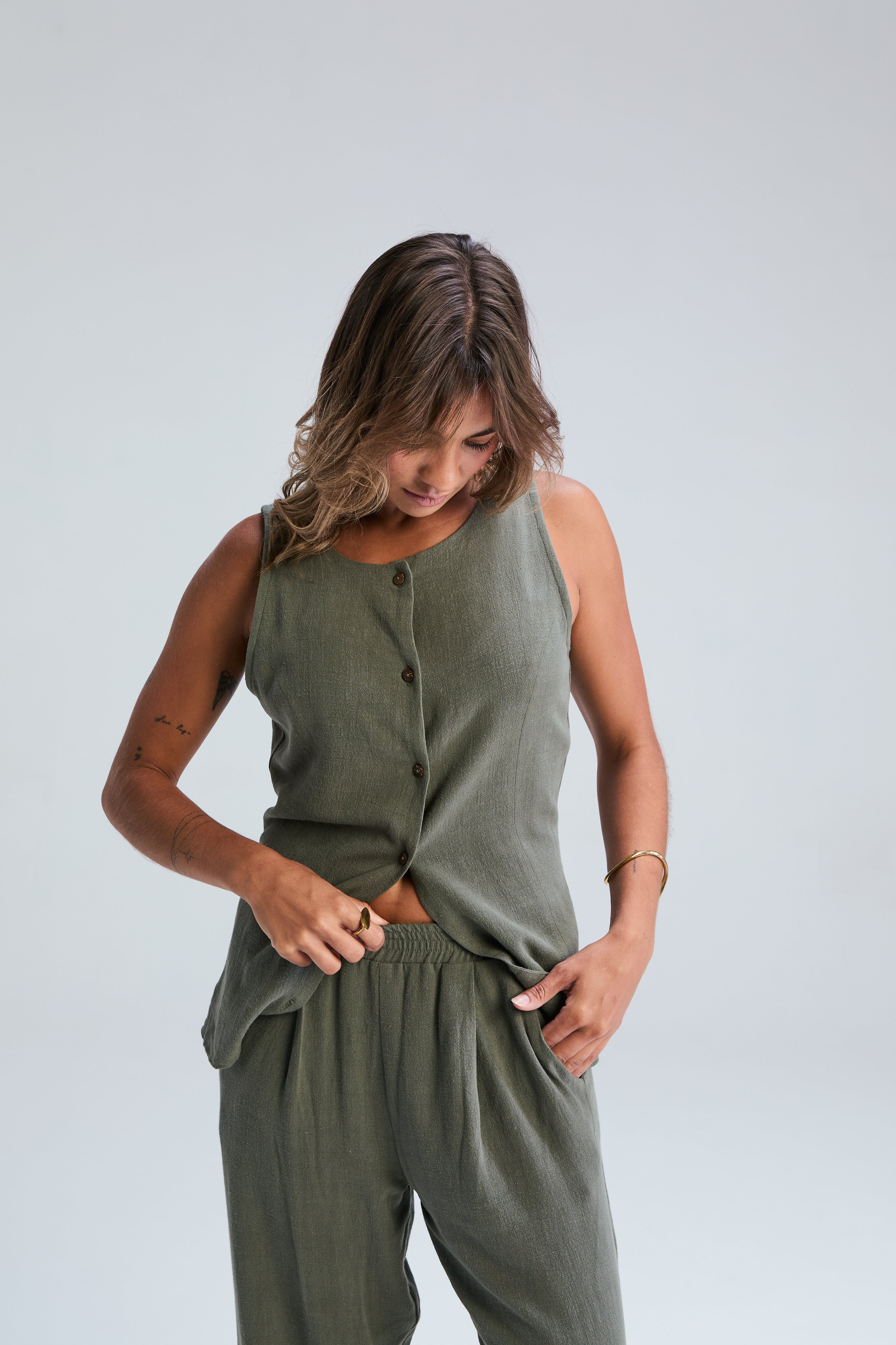 Corfu Linen Waistcoat - Moss