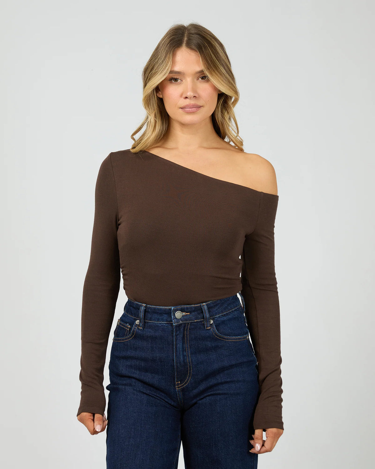 Kylie Off Shoulder L/S Top - Choc