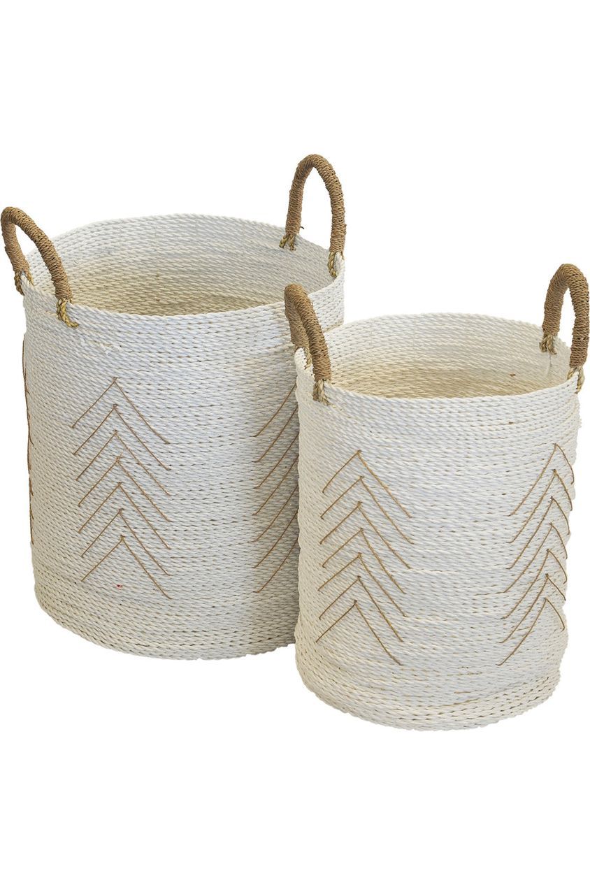 Basket Round White with Natural Chevron