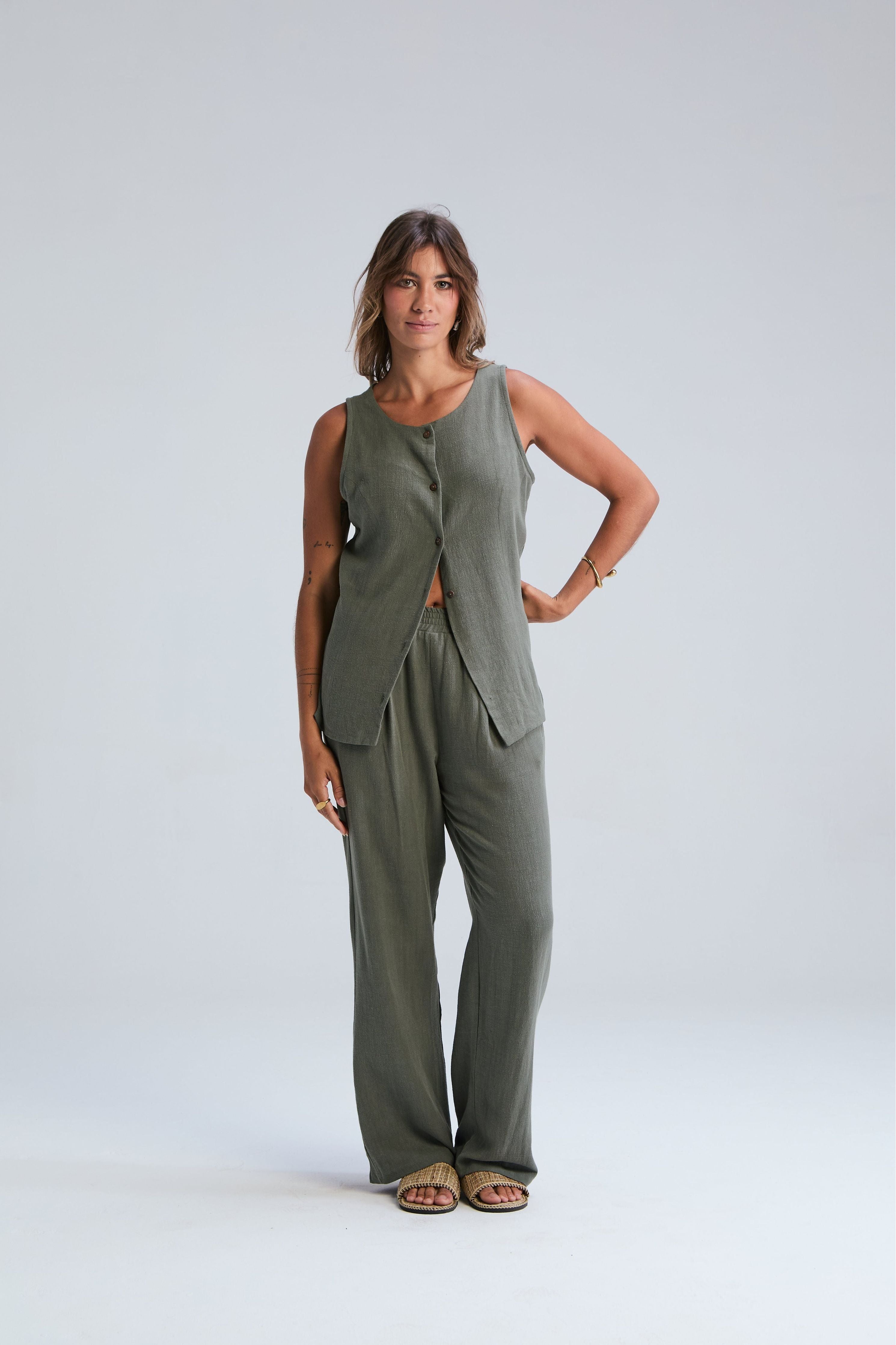 Corfu Linen Waistcoat - Moss