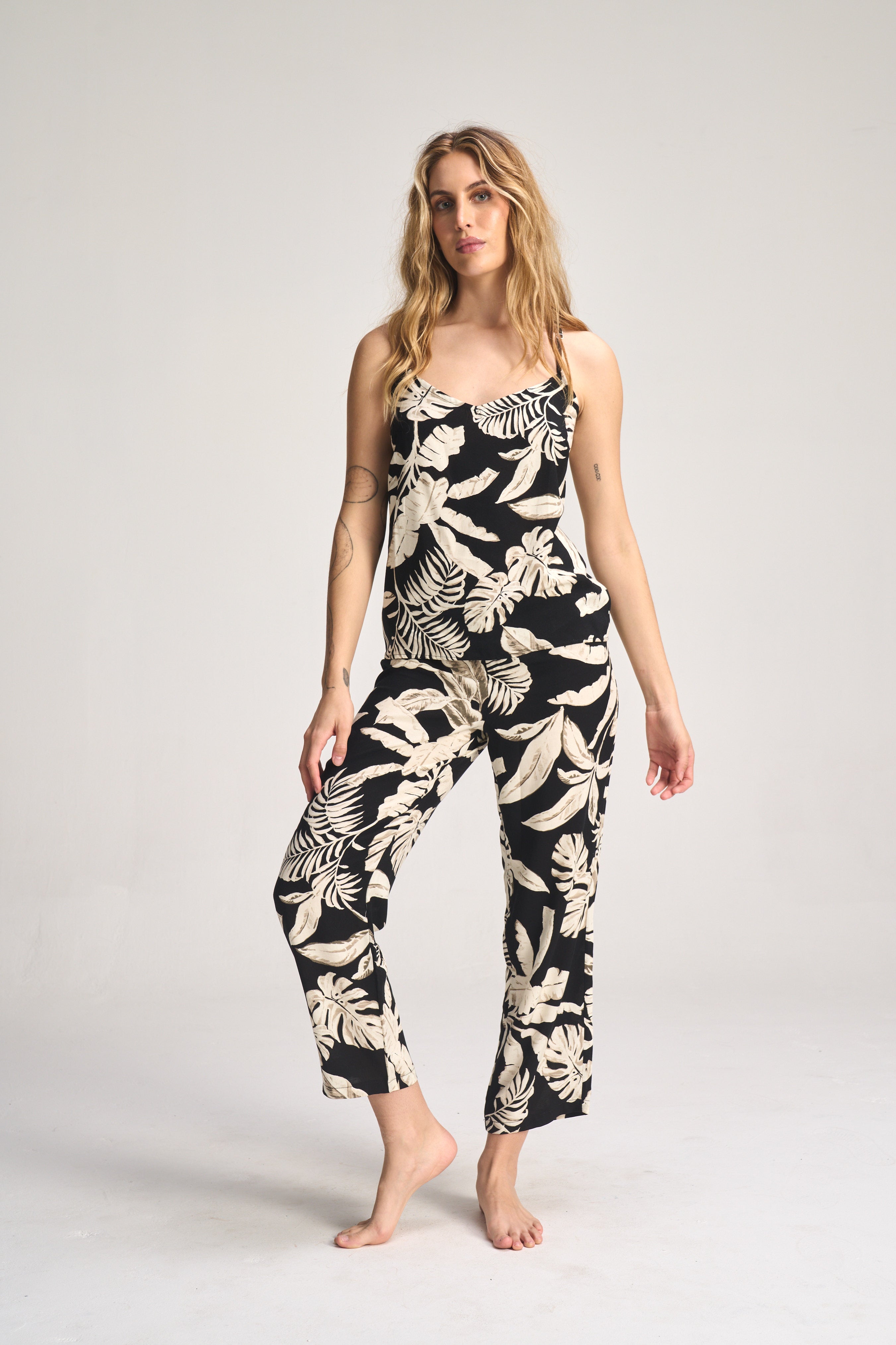 Cami + Long Pant Set - Black Leaf